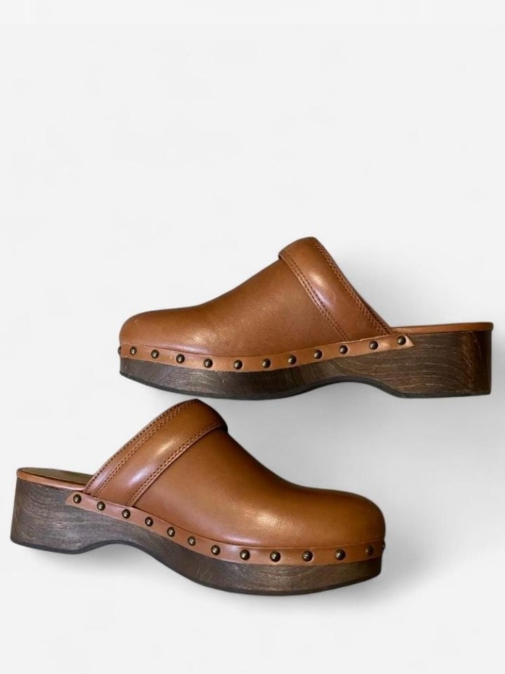 Madewell Cognac Leather Studded Clog Mule Faux Wood Bottom Women’s Size 8 - Picture 5 of 7